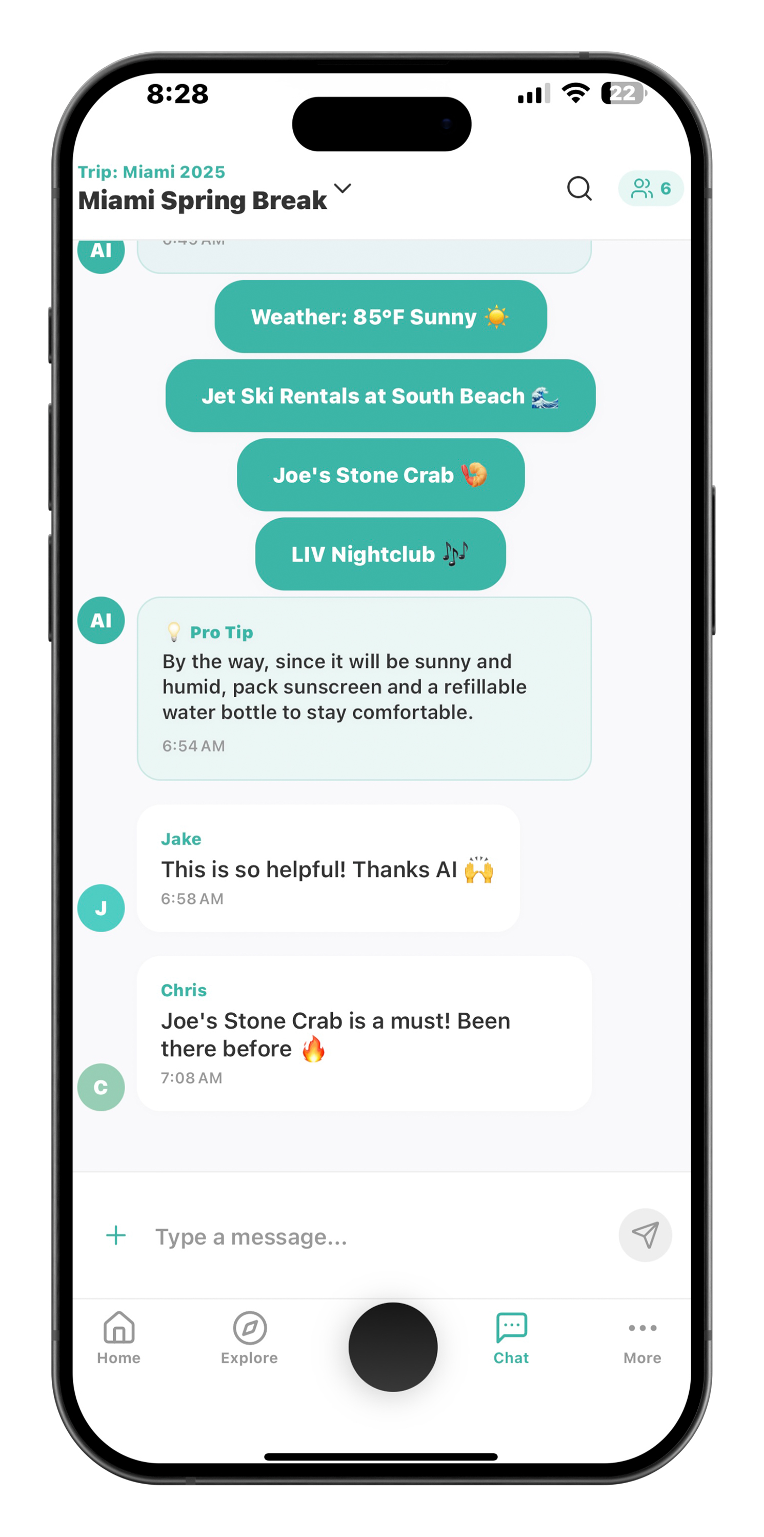 Miami planning continuation: Group members giving positive feedback to AI suggestions with personal recommendations and testimonials about helpful AI assistance